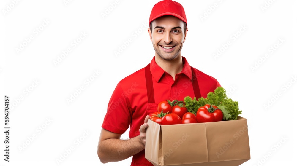 food delivery man in uniform handing fresh fresh vegetables in paper bag food delivery man in uniform handing fresh fresh vegetables in paper bag