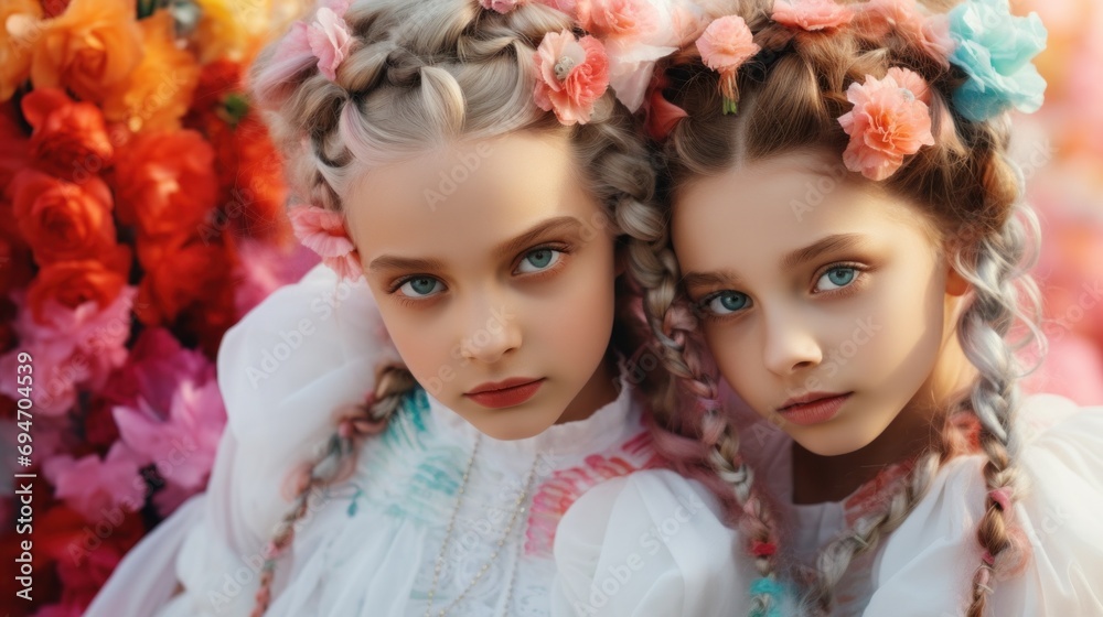 Two young girls with braids and flowers in their hair Two young girls with braids and flowers in their hair