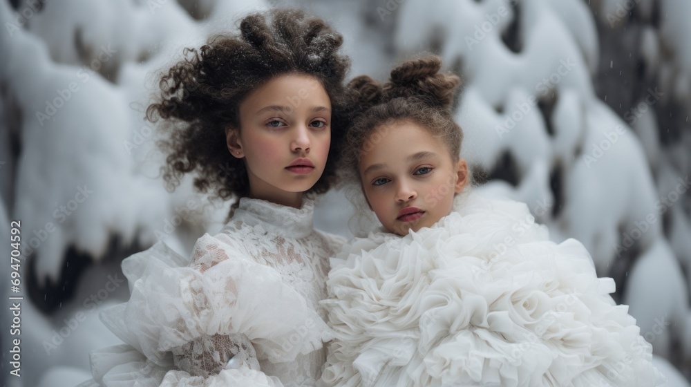 Two young girls dressed in white posing for a picture Two young girls dressed in white posing for a picture