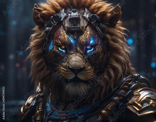 cybernetic lion with glowing eyes in urban environment