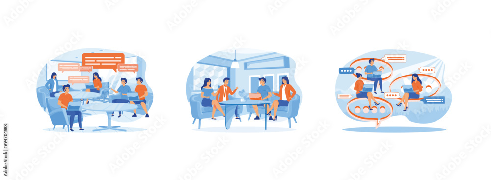 Group of People Discussing business. Meeting of colleagues. Discussing business, news. Discussing business set flat vector modern illustration Group of People Discussing business. Meeting of colleagues. Discussing business, news. Discussing business set flat vector modern illustration