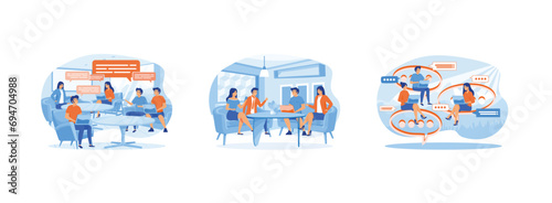 Group of People Discussing business. Meeting of colleagues.  Discussing business, news. Discussing business set flat vector modern illustration 