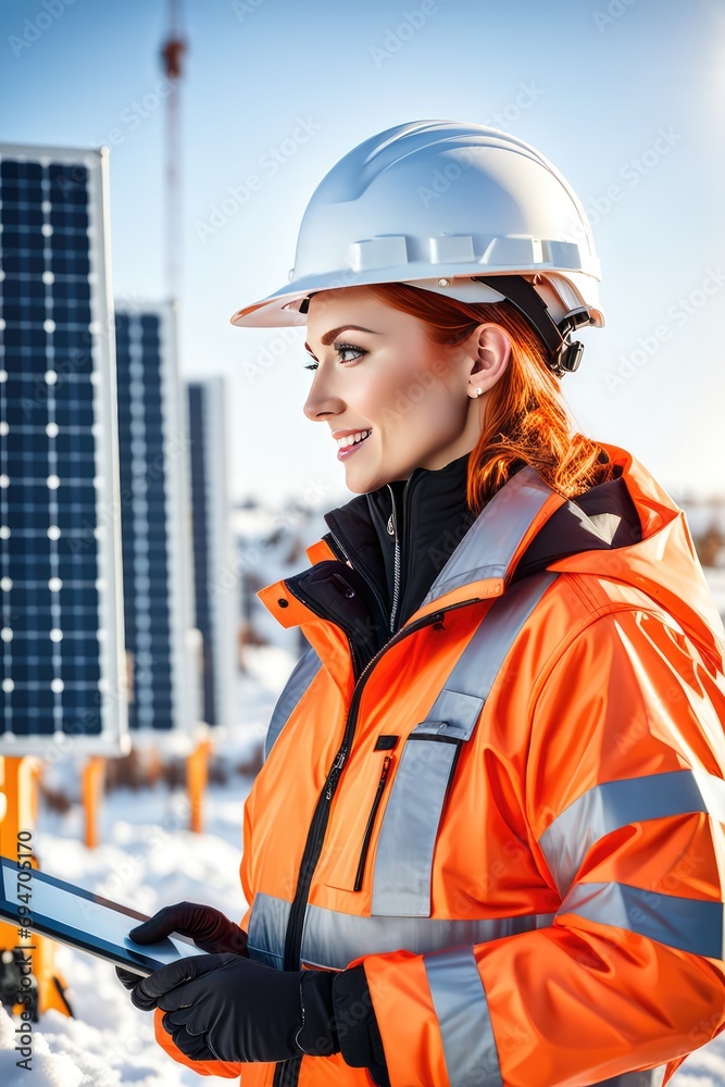 A specialist girl checks the readings of solar panels A specialist girl checks the readings of solar panels