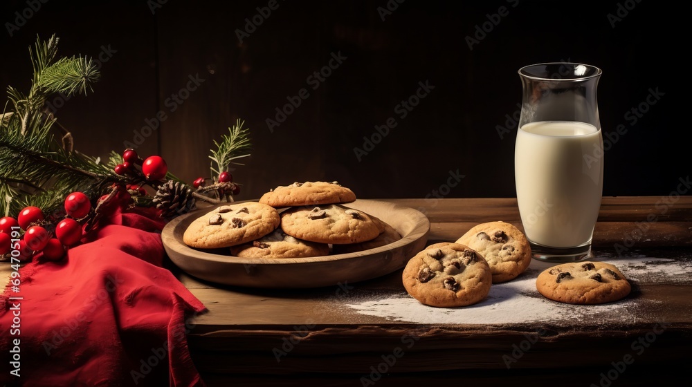 traditional christmas milk in glass, jug with cookies on Christmas lights background. A gift for Santa Claus. Waiting for a miracle
