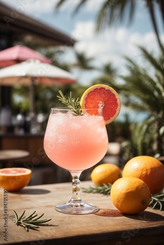 Cocktail with orange and rosemary on a tropical beach.