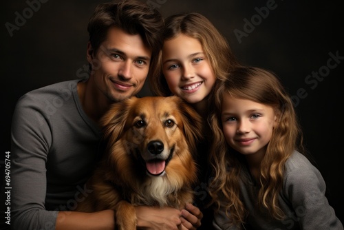 Warm and welcoming studio photo of a family with pets, emphasizing the bond between humans and animals