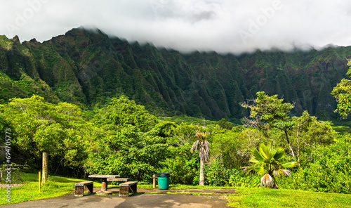 Ho'omaluhia Botanical Garden with views of Ko'olau mountains on O'ahu island, Hawaii