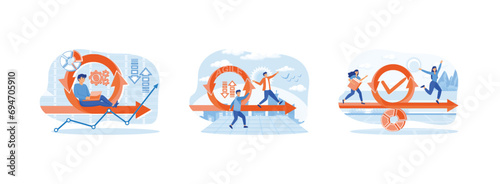 Agile development.Agile development methodology.  Business people run into project. Agile development set flat vector modern illustration 