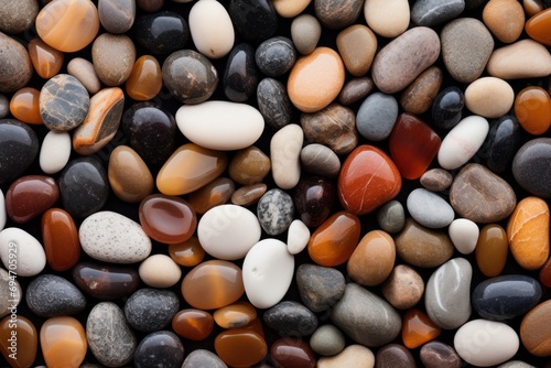 Smooth river pebbles texture with rounded shapes and a variety of earthy colors.