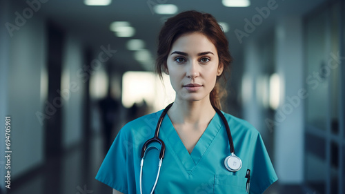 Portrait of young female doctor with stethoscope in hospital corridor