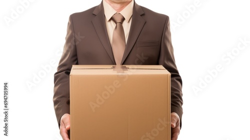 Businessman standing in a suit with cardboard box