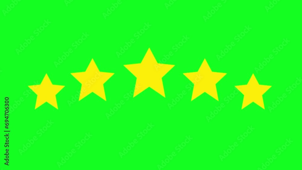Star rating animation. Rating five stars on green screen background. Yellow stars appear. Star rating animation. Rating five stars on green screen background. Yellow stars appear.