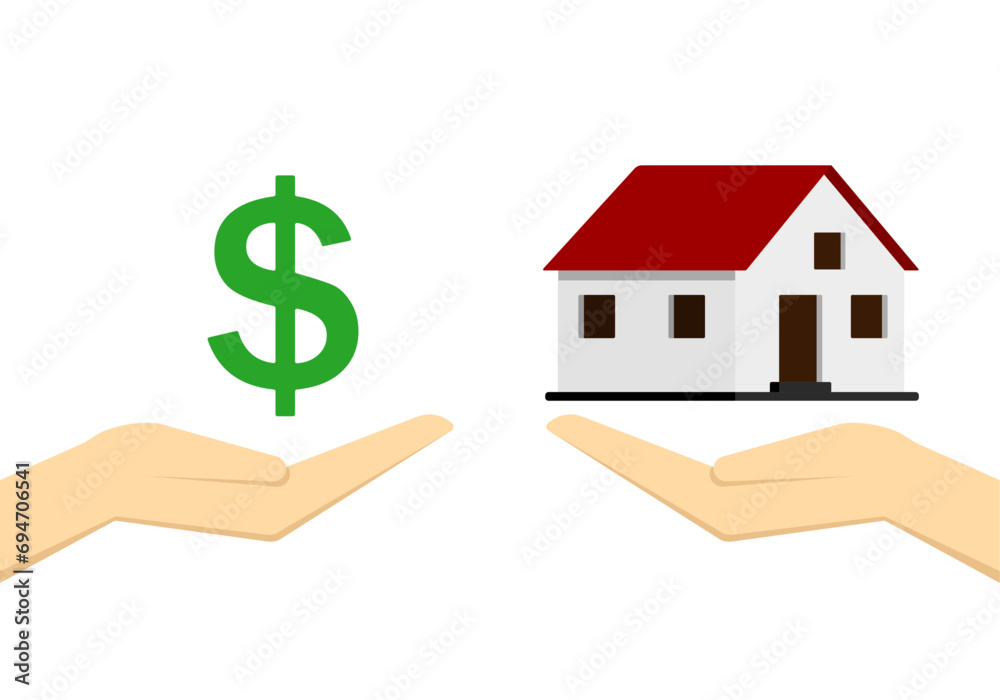 Obraz premium Buying a house. Dollar sign and houses on hands. Vector illustration