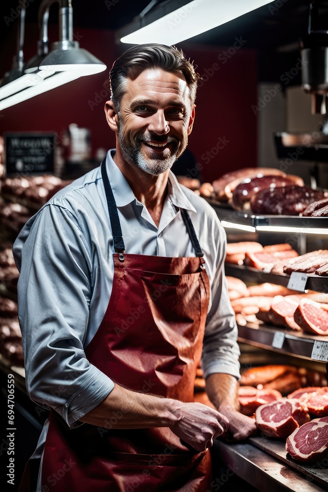 Fototapeta premium The meat seller behind the counter. A brutal meat seller