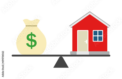 House and money bag are placed on scales with balance, savings for buying a new house or property and loan for planning business investments in the future