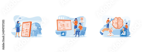 Artificial intelligence. Digital brain with neural network on laptop screen. AI, machine learning, analysis information. Artificial intelligence AI set flat vector modern illustration
