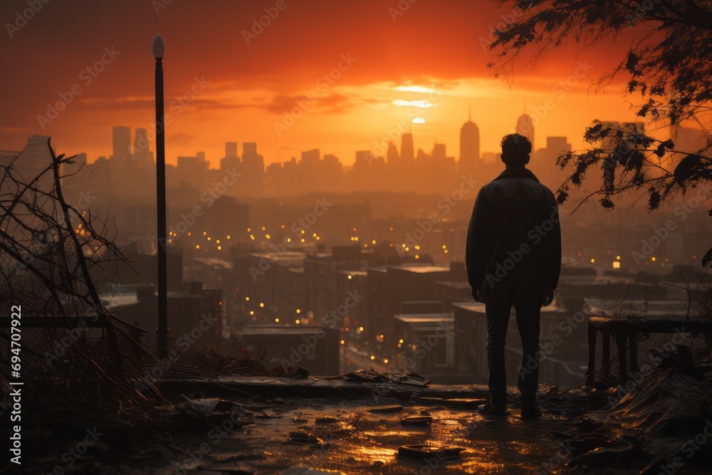 Fototapeta premium Solitary figure on a city street, admiring a stunning spring sunset against the urban backdrop, Generative AI