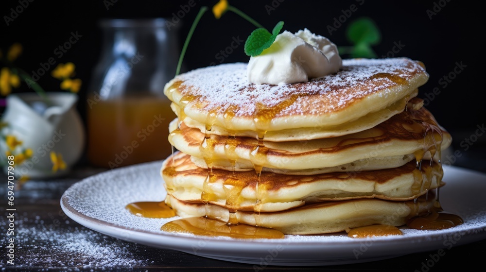 pancakes sweet breakfast plate butter honey