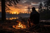 Contemplative individual by a campfire, savoring the peacefulness of a spring sunset in the forest, Generative AI