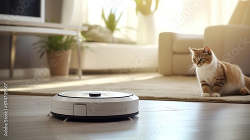 A Cat Sits on a Robot Vacuum 