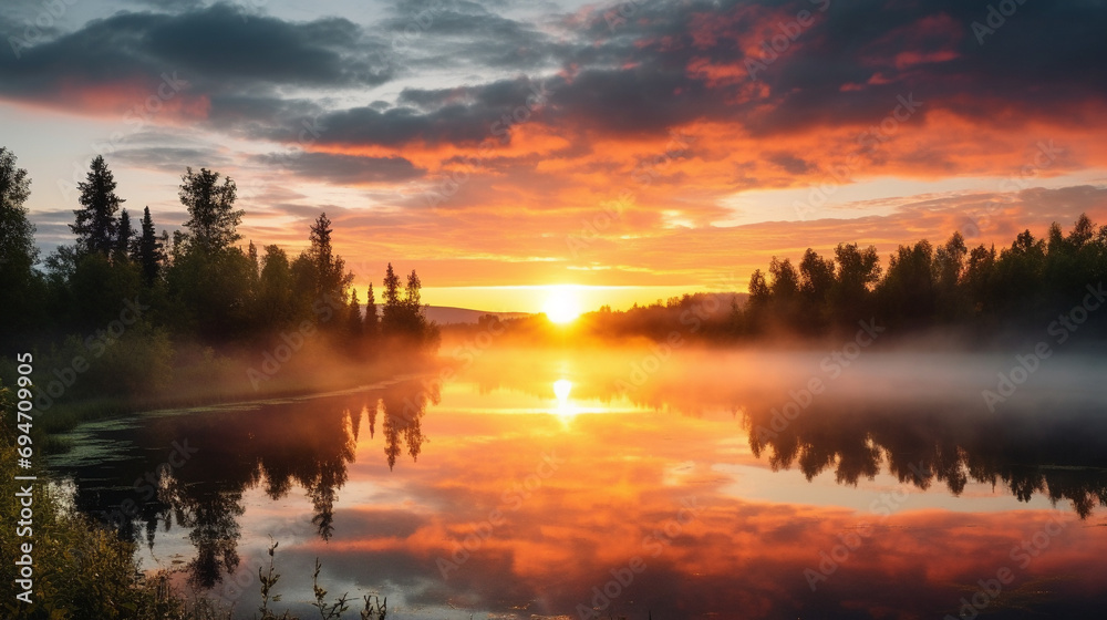 Sunrise Charm: Captivating Summer Morning with Fog on the River's Surface