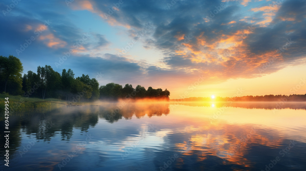 Riverside Elegance: Beautiful Summer Sunrise Casting a Gentle Fog Over the River