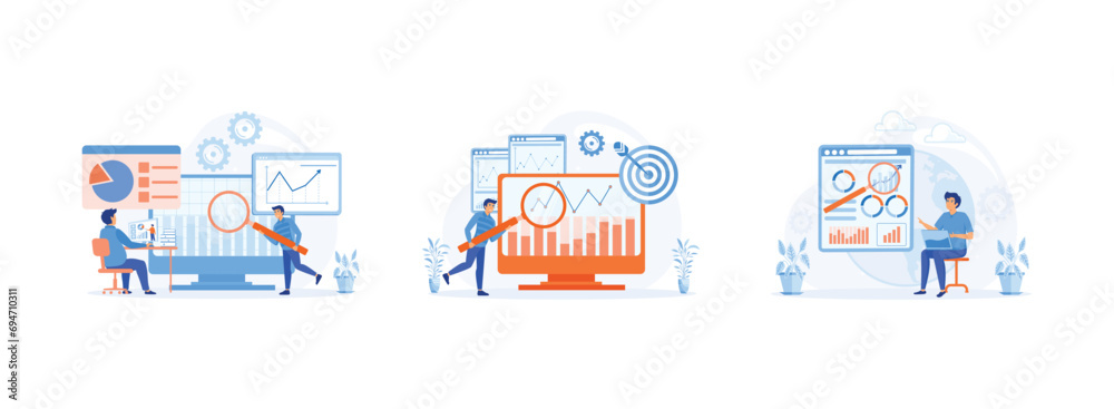 statistical and Data analysis for finance investment, of worker checking data analyst, data driven business, comprehensive strategy, new economic model. Data analyst set flat vector modern illustratio