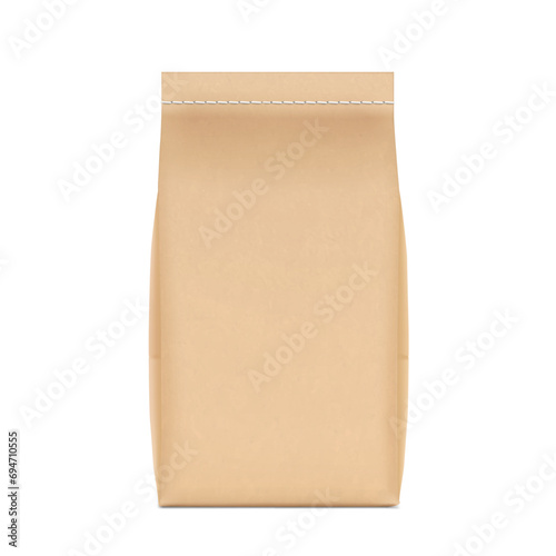 Vertical stitched kraft paper bag mockup. Front view. High realistic. Vector illustration isolated on white background. Ready for use in presentation, promo, advertising and more. EPS10.