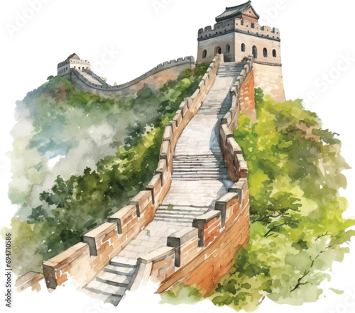 Watercolor Great Wall of China on white background