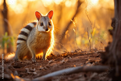 A Numbat, also known as the banded anteater, forages in the Australian bush at sunset photo