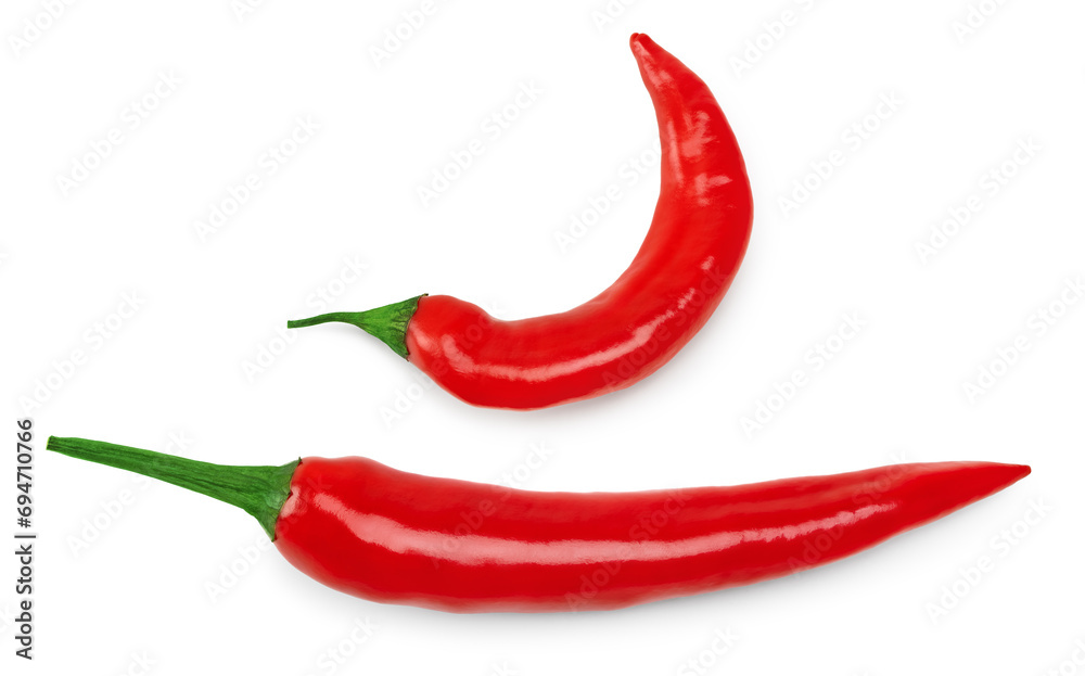 two red hot chili peppers isolated on white background. clipping path. top view