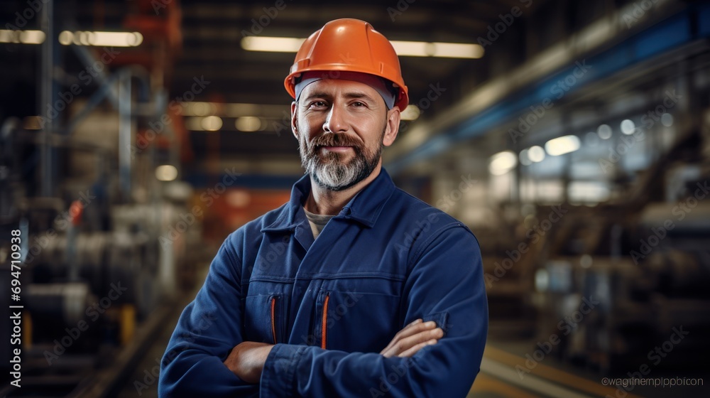 happy professional heavy industry engineer stands in a factory, happy professional heavy industry engineer stands in a factory,