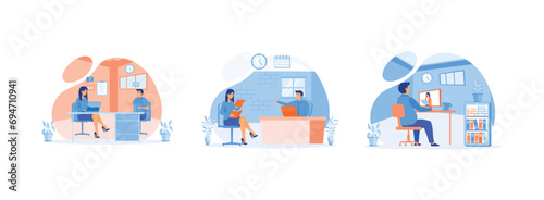 A man talking to a young woman with laptop, Woman having a job interview, A man talking to a young woman on a video call on his computer. Job interview set flat vector modern illustration