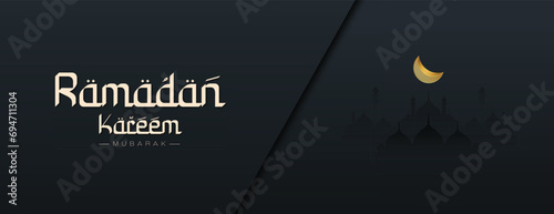 Ramadan Kareem festival wishes or greeting banner Ramzan Islamic background design with moon, mosque, dark color social media banner, poster vector illustration