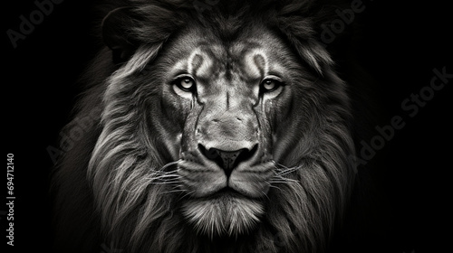 Regal Grace  Captivating Black and White Close-Up of a Lion s Portrait