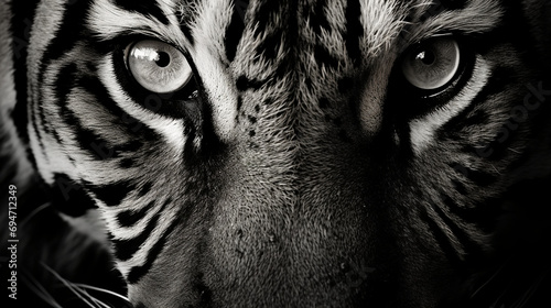 Soulful Gaze: Black and White Close-Up Portrait Showcasing the Powerful Eyes of a Tiger