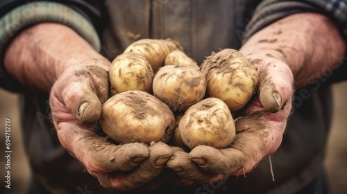 Farmer and harvest concept,Potatoes in dirty farmer's hands, 