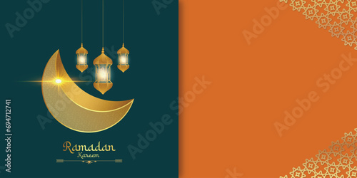 Ramadan Kareem festival wishes or greeting banner Ramzan Islamic background design with moon, shine  lantern teal or orange color social media banner, poster vector illustration