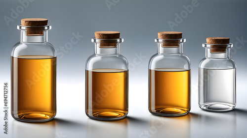 Bottles of glass filled with different liquid isolated on plain background 