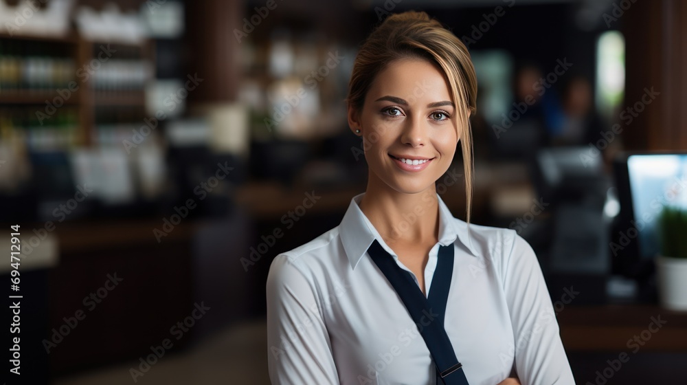 cashier serving customers.Smiling, young and attractive saleswoman, cashier serving customers.Smiling, young and attractive saleswoman,