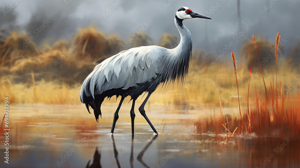 Fototapeta premium Avian Elegance: Common Crane (Grus grus) in a Majestic Pose