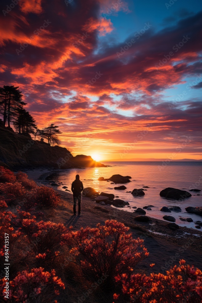 Solitary man gazing at a breathtaking spring sunset by the seaside, Generative AI