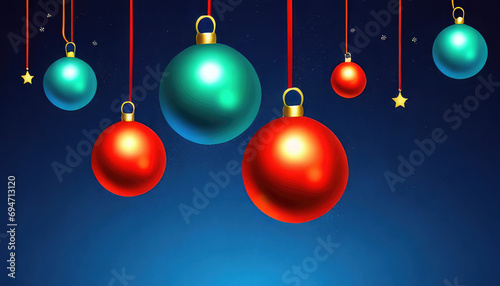 Abstract Christmas background in blue color with Christmas balls  garlands and snowflakes with copyspace
