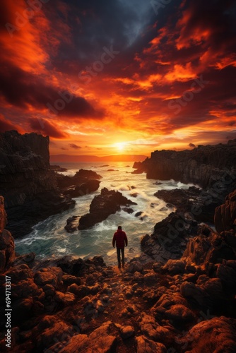 Solitary traveler on a cliff, embracing the awe-inspiring spectacle of a springtime sunset over the ocean, Generative AI