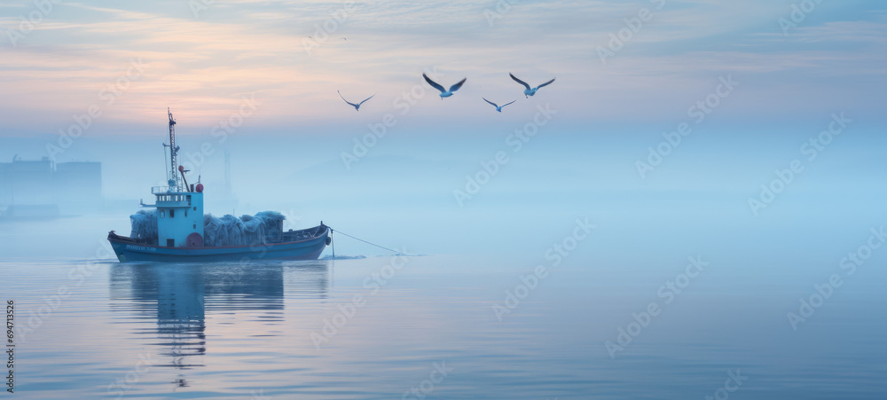 Serene dawn over water with fishing boat and flying seagulls - obrazy, fototapety, plakaty 