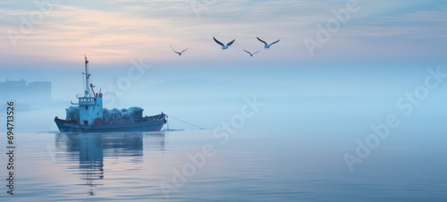 Serene dawn over water with fishing boat and flying seagulls photo