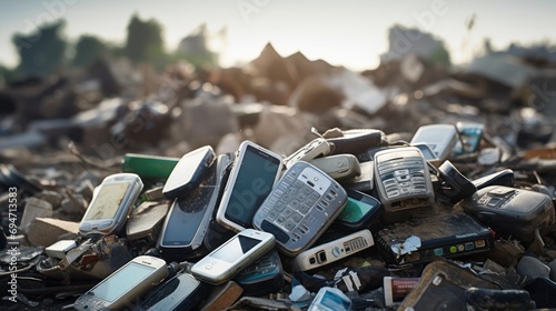 old mobile phones and smartphone in garbage land, photo