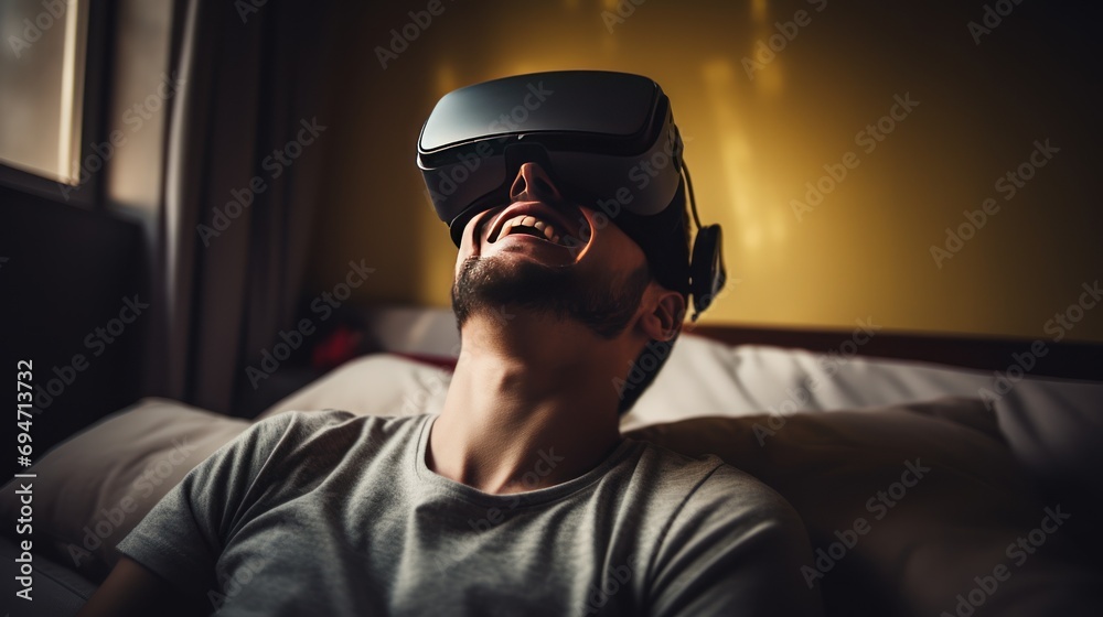 Young man wearing virtual reality glasses lying happily in bedroom, 