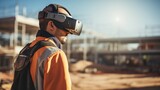 Worker wearing virtual reality glasses at construction site 