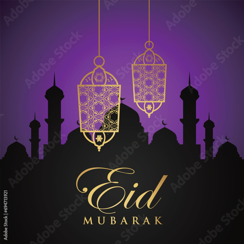 Ramadan Eid Mubarak background greeting card with candles and moon decoration